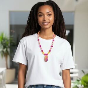 Vibrant Pink Agate  and Yellow Jade Beaded Necklace With Dragon Vein Pendant